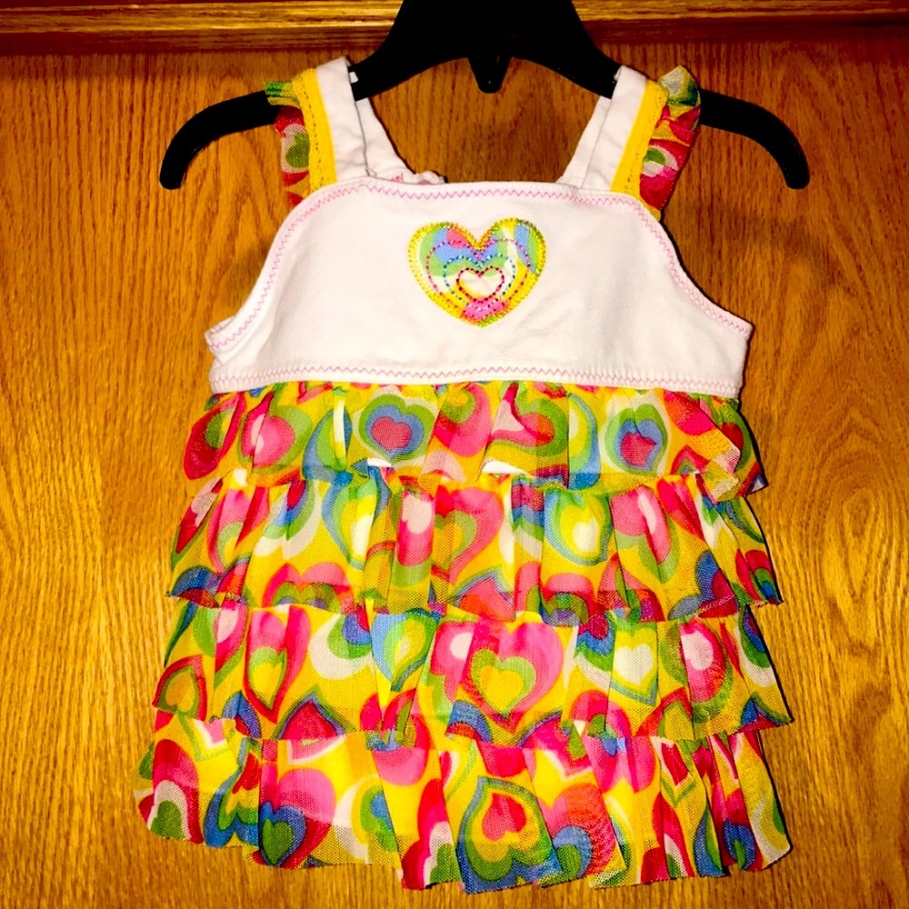 Cute 3T toddler rainbow hearts cotton mesh tiered ruffled sleeveless tank top